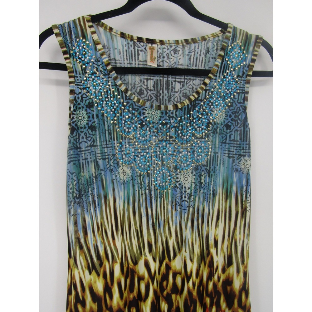 Maxi Dress Medium Mulit Color Animal Print Beaded Boho Beachy Resortwear Festive - Picture 7 of 15